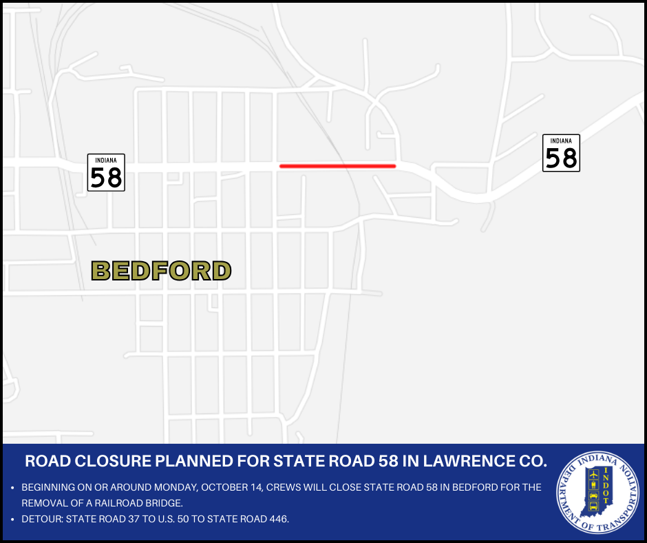 Road closure planned for State Road 58 in Lawrence County | WSLM RADIO